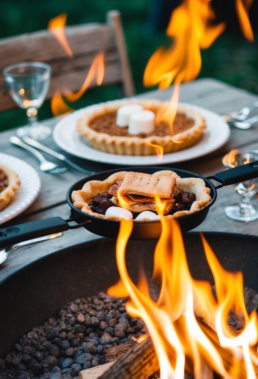 A campfire with a pudgy pie maker filled with s'more ingredients, surrounded by a cozy outdoor dinner setup