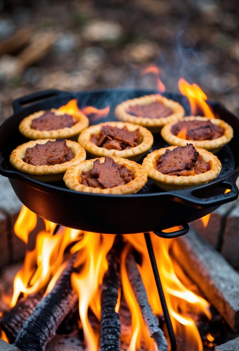 A cozy campfire with a cast iron pie maker, filled with Reuben pudgy pies cooking over the flames