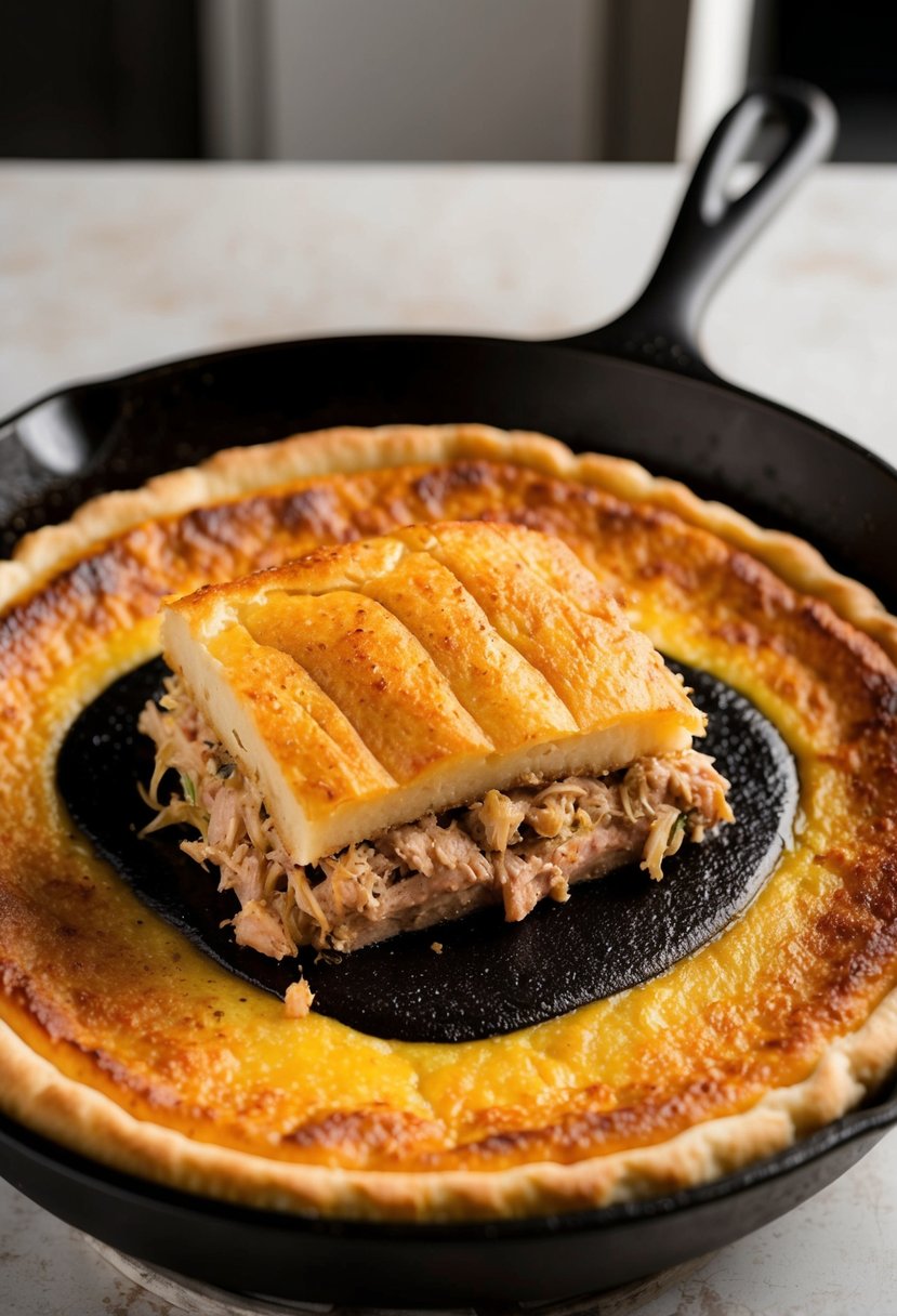 A golden brown tuna melt pudgy pie sizzling on a hot cast iron skillet