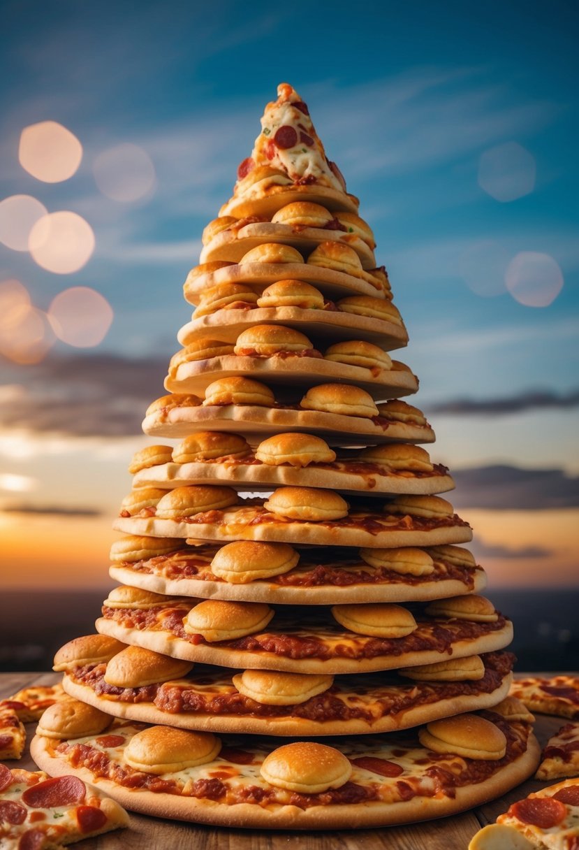 A towering mountain made of pizza slices, topped with pudgy pies, set against a sunset sky