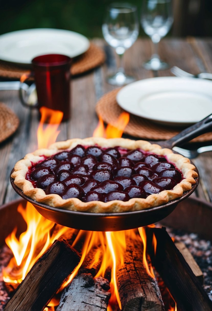 A cherry-chocolate pudgy pie sizzling over a campfire, surrounded by a rustic outdoor dinner setting