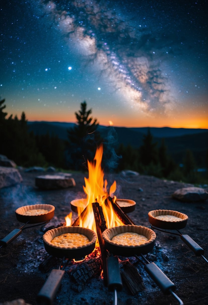 A campfire with pudgy pie irons cooking Milky Way Pudgy Pies under a starry night sky