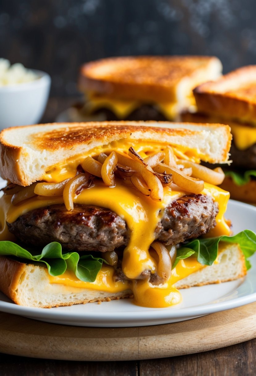 A sizzling burger patty melt oozing with cheese and caramelized onions, sandwiched between two slices of golden brown pudgy pie