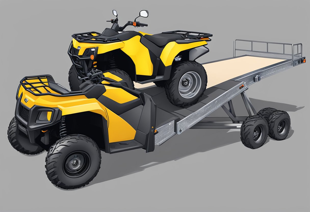 An ATV and side by side being loaded onto a trailer using a ramp and tie-down straps