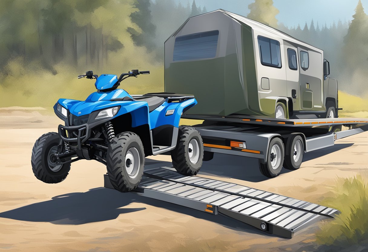 An ATV and side by side being loaded onto a trailer using ramps and tie-down straps for transportation