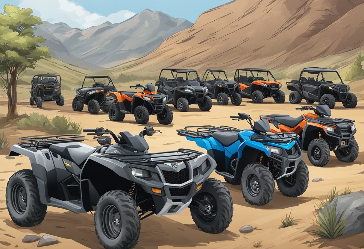 A rugged landscape with a variety of ATV and UTV trailers lined up for selection. Single carriers and multi-vehicle side by side transport options are showcased