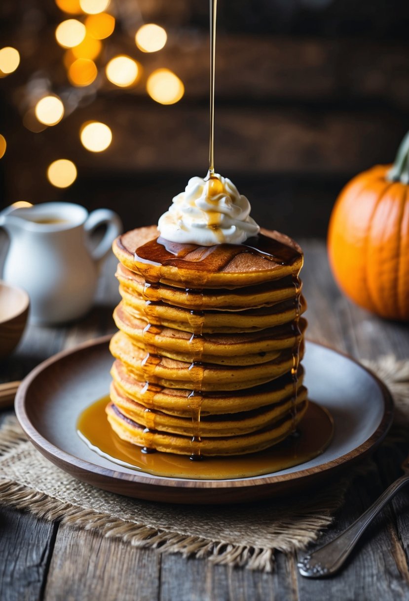 A stack of kodiak pumpkin pancakes topped with whipped cream and drizzled with maple syrup on a rustic wooden plate