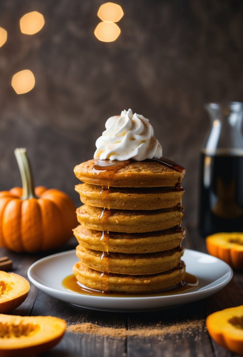 A stack of golden pumpkin flapjacks topped with syrup and a dollop of whipped cream, surrounded by fresh pumpkin slices and a sprinkle of cinnamon