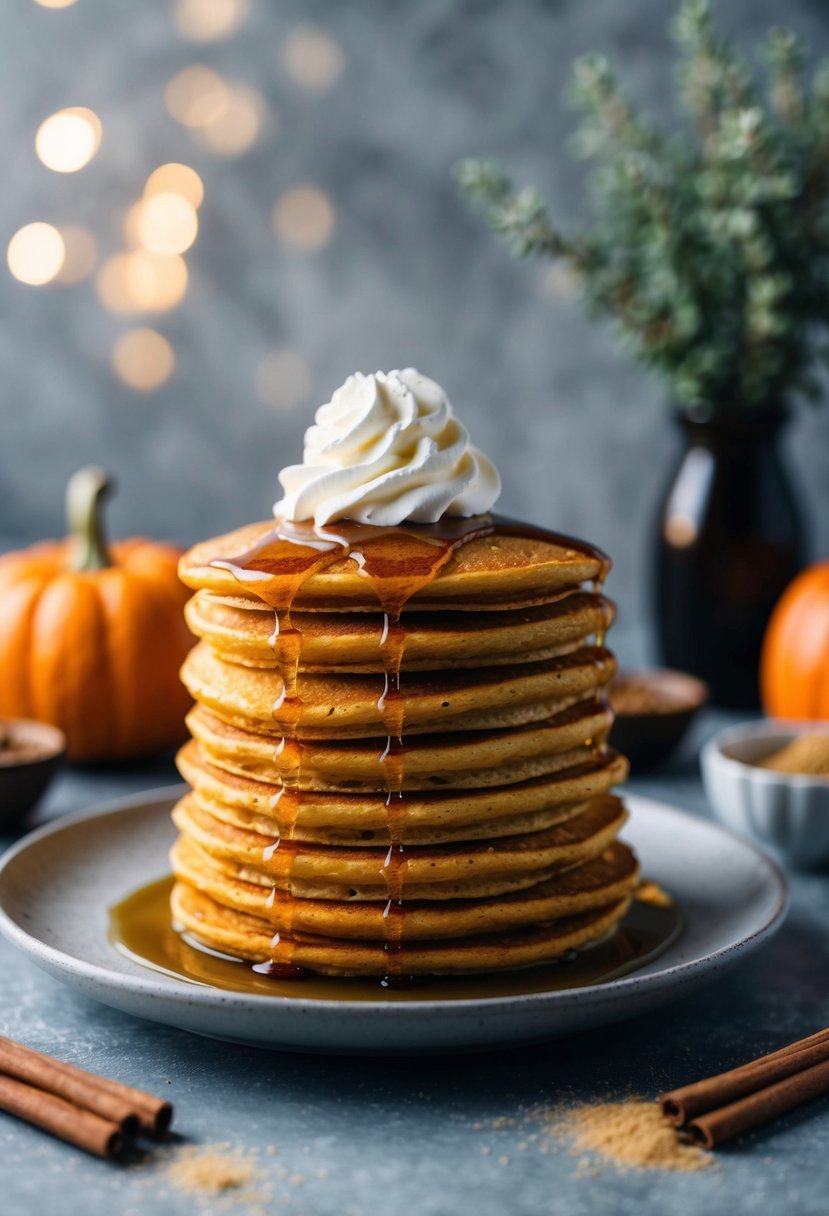 A stack of golden pumpkin spice pancakes topped with syrup and a dollop of whipped cream on a plate, surrounded by scattered cinnamon and nutmeg