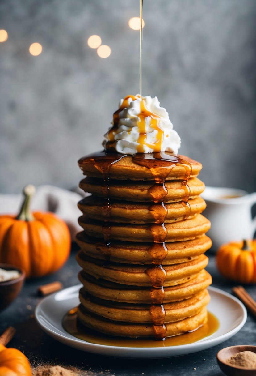 A stack of fluffy pumpkin pancakes topped with syrup and a dollop of whipped cream, surrounded by scattered cinnamon and nutmeg