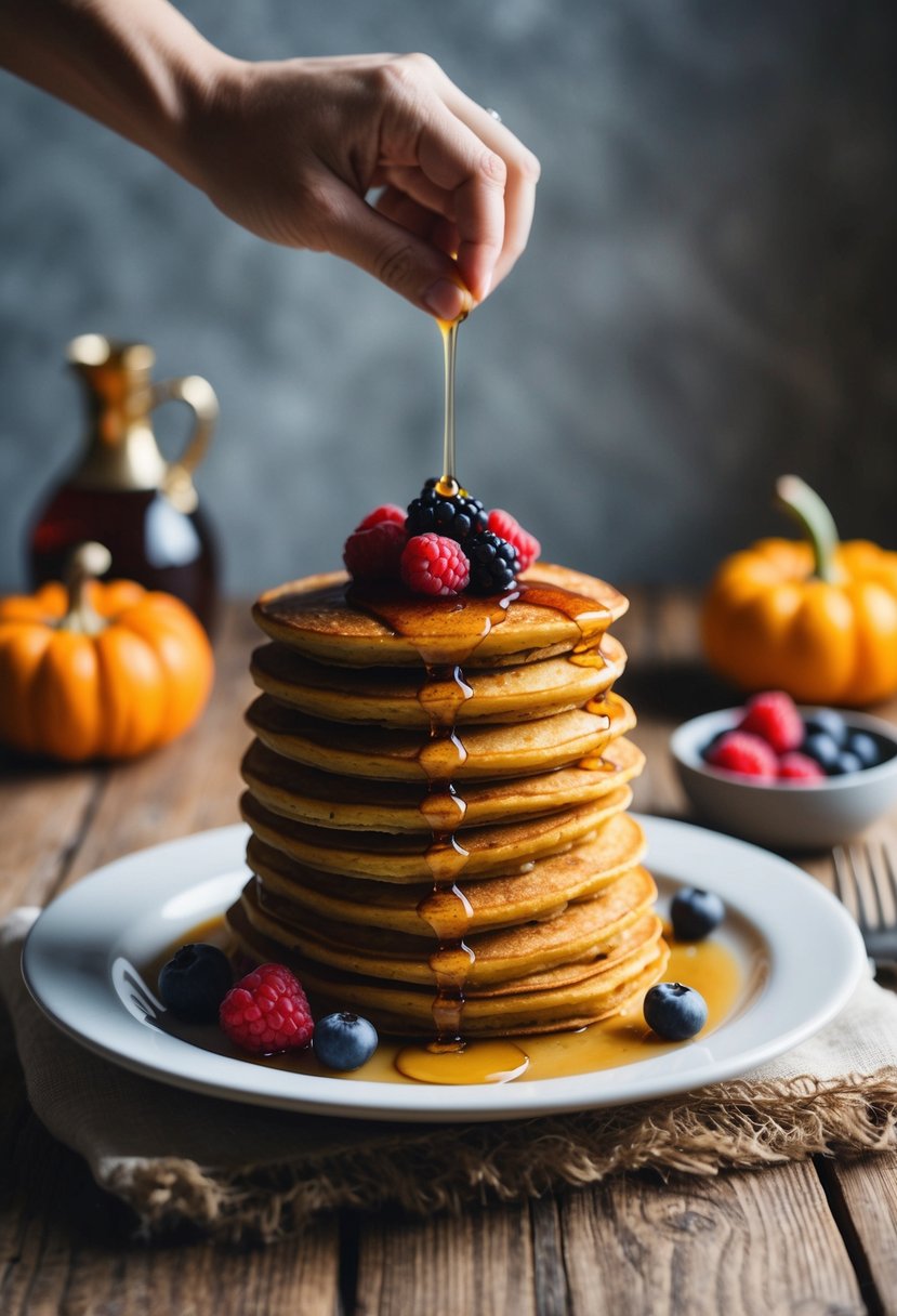 A stack of fluffy pumpkin pancakes topped with fresh berries and a drizzle of maple syrup on a rustic wooden table