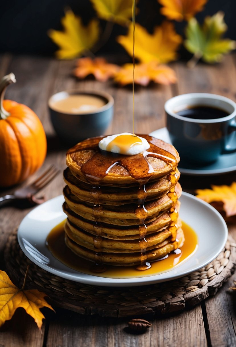 A stack of spiced pumpkin pancakes drizzled with maple syrup on a rustic wooden table, surrounded by autumn leaves and a steaming cup of coffee