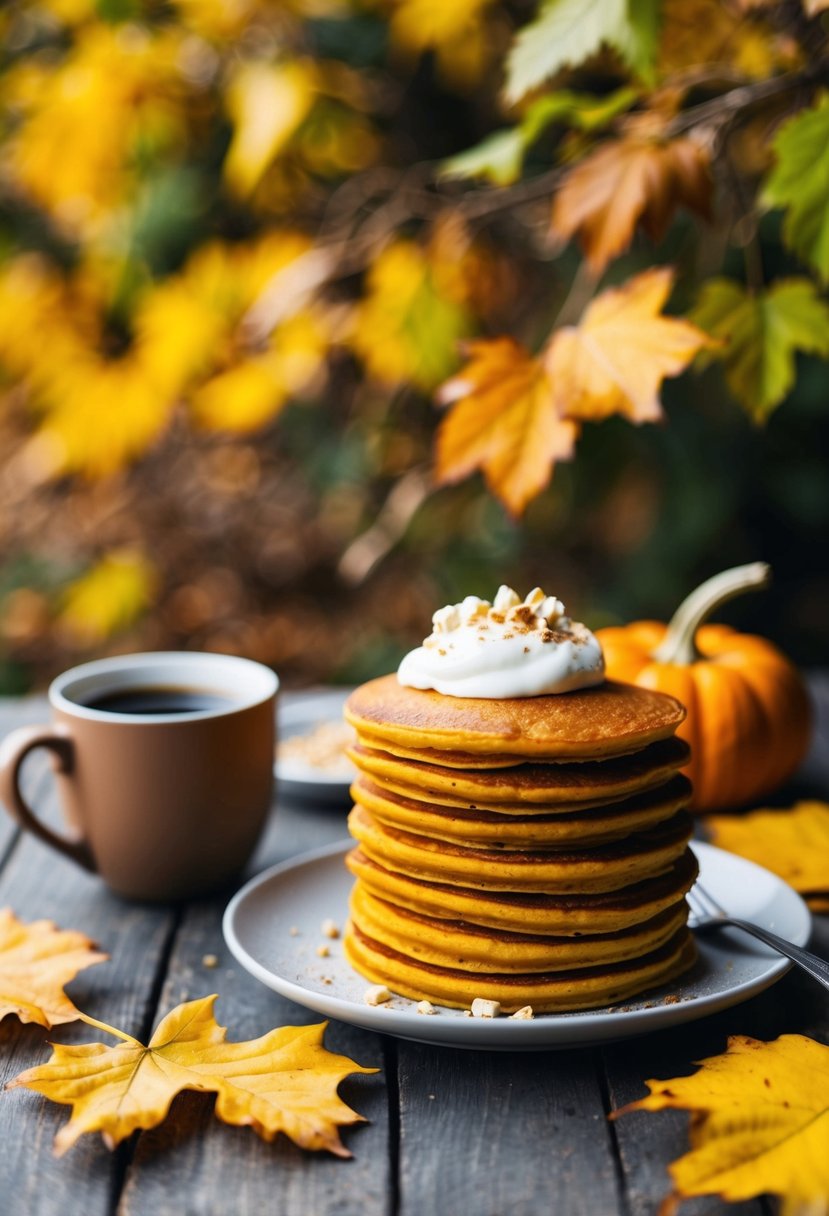 A stack of fluffy pumpkin pancakes topped with Greek yogurt, surrounded by autumn leaves and a warm mug of coffee