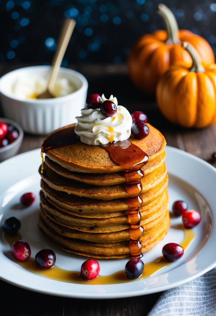 A stack of pumpkin pancakes topped with fresh cranberries on a white plate, surrounded by a dollop of whipped cream and a drizzle of maple syrup