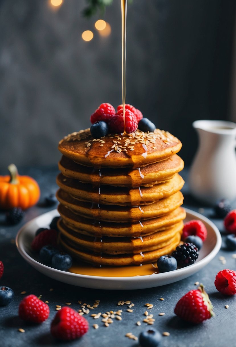 A stack of fluffy pumpkin pancakes topped with flaxseeds and surrounded by a scattering of fresh berries and a drizzle of maple syrup