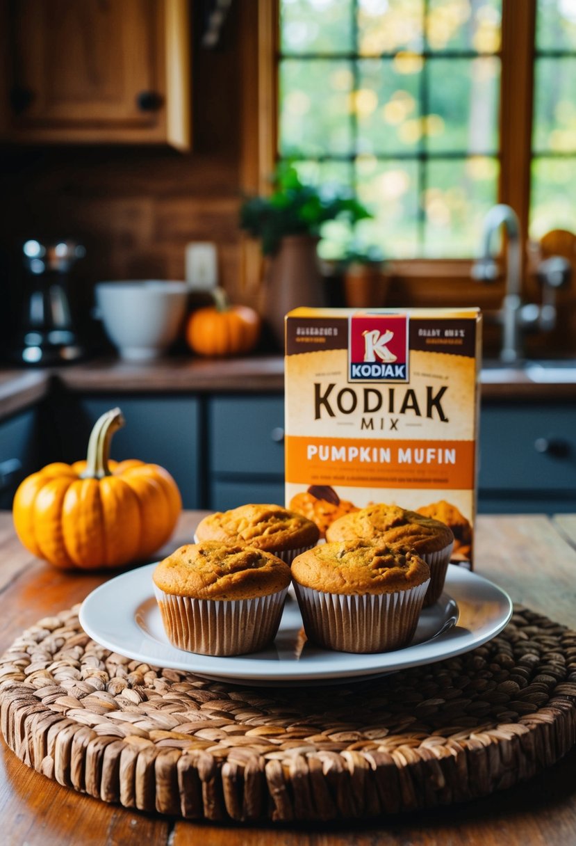 A warm, rustic kitchen with a plate of moist pumpkin muffins and a box of Kodiak mix