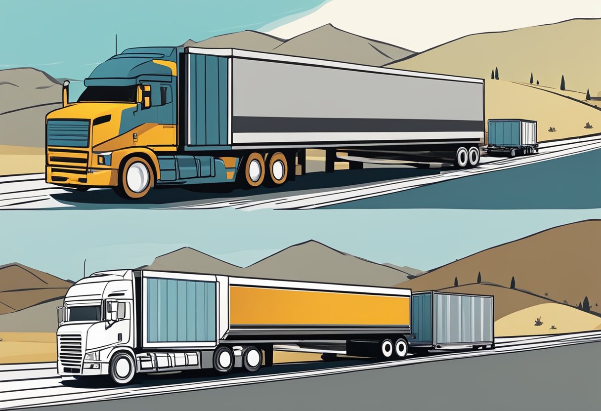 A truck pulls a trailer with ATVs and a higher-profile Side by Side, showing the difference in wind resistance on a highway