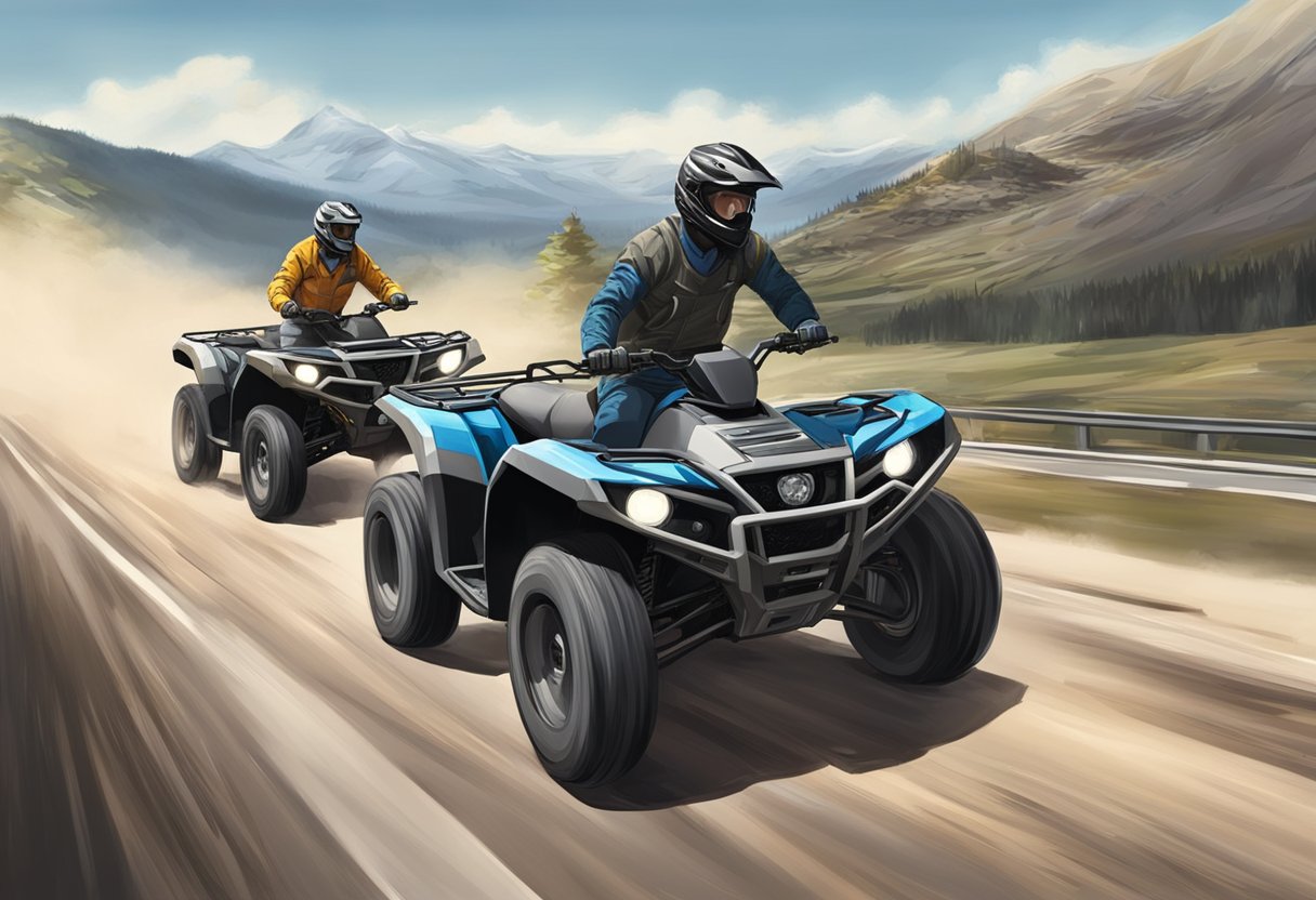 A rugged ATV and a high-profile Side by Side being towed on a highway, with the wind pushing against them