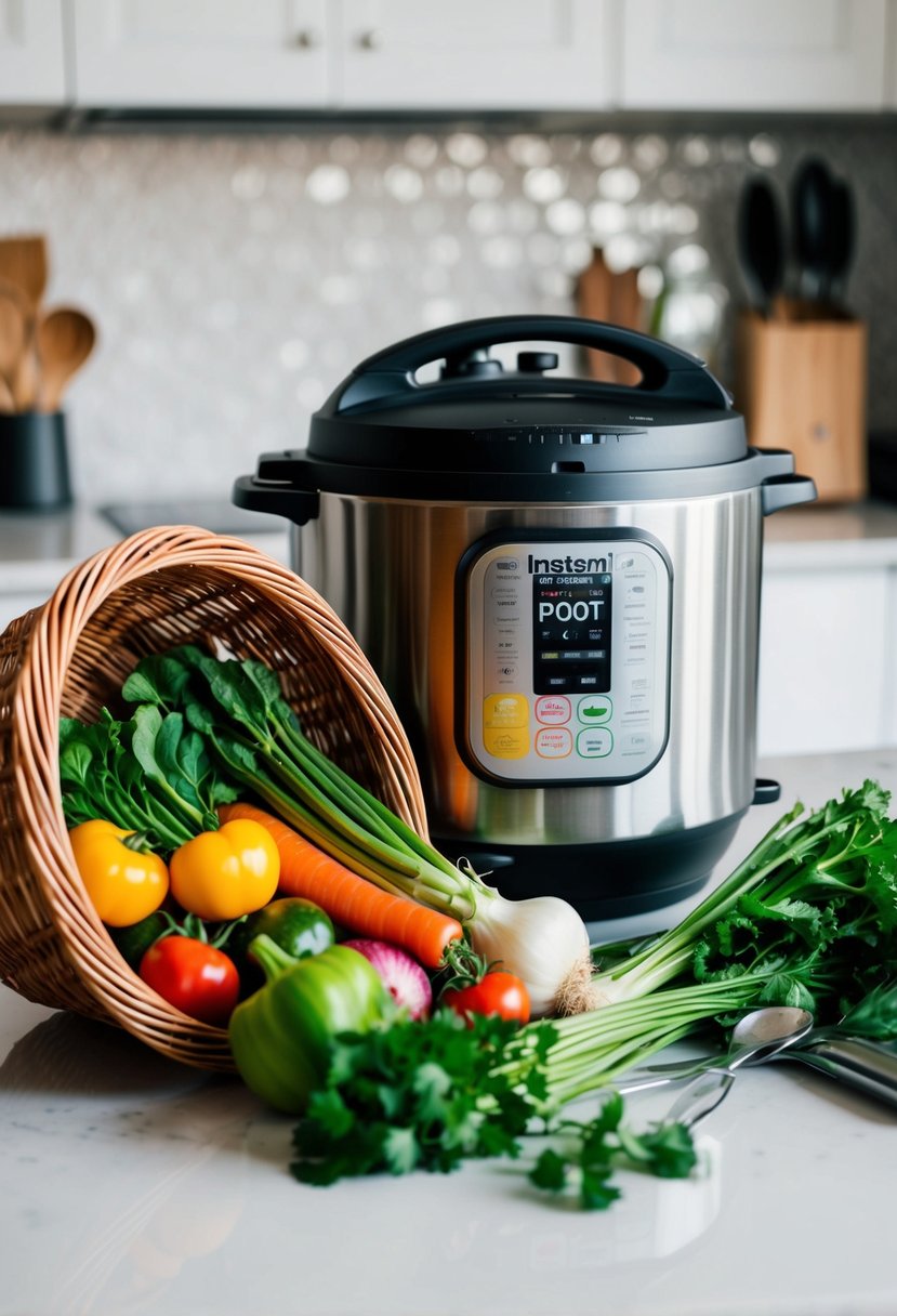 Fresh vegetables spilling from a wicker basket, surrounded by an open Instant Pot and various cooking utensils on a clean kitchen counter