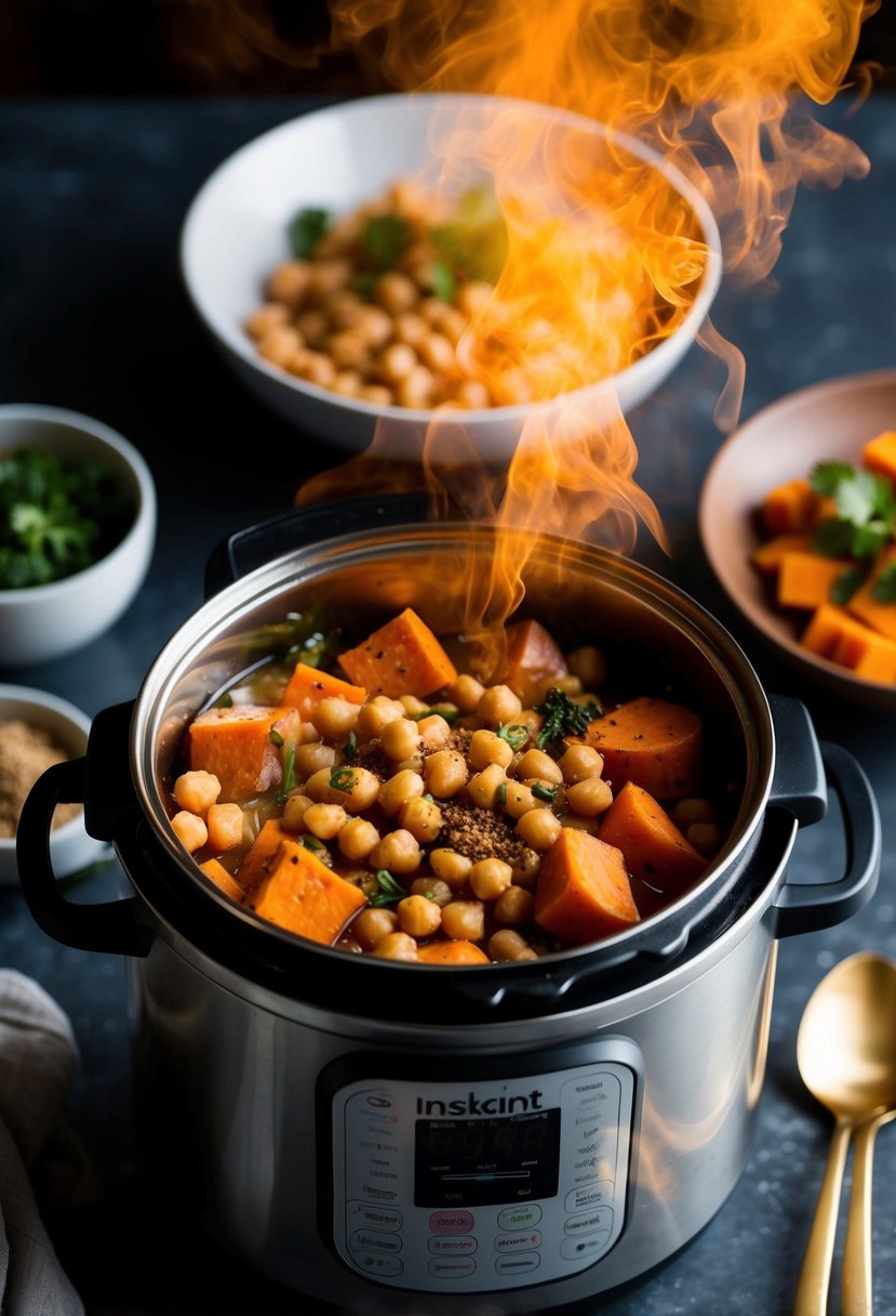 A bubbling instant pot filled with chickpeas, sweet potatoes, and vegetables, emitting a fragrant aroma of spices and herbs