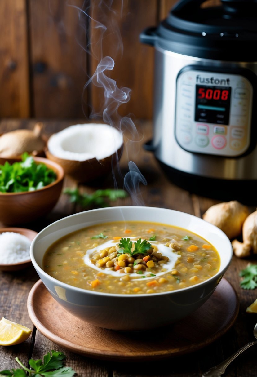 A steaming bowl of coconut ginger lentil soup sits on a rustic wooden table, surrounded by fresh ingredients and an Instant Pot in the background