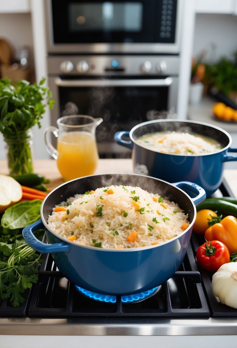 A pot of rice cooking on a stovetop, surrounded by ingredients like broth, vegetables, and herbs. An oven sits in the background