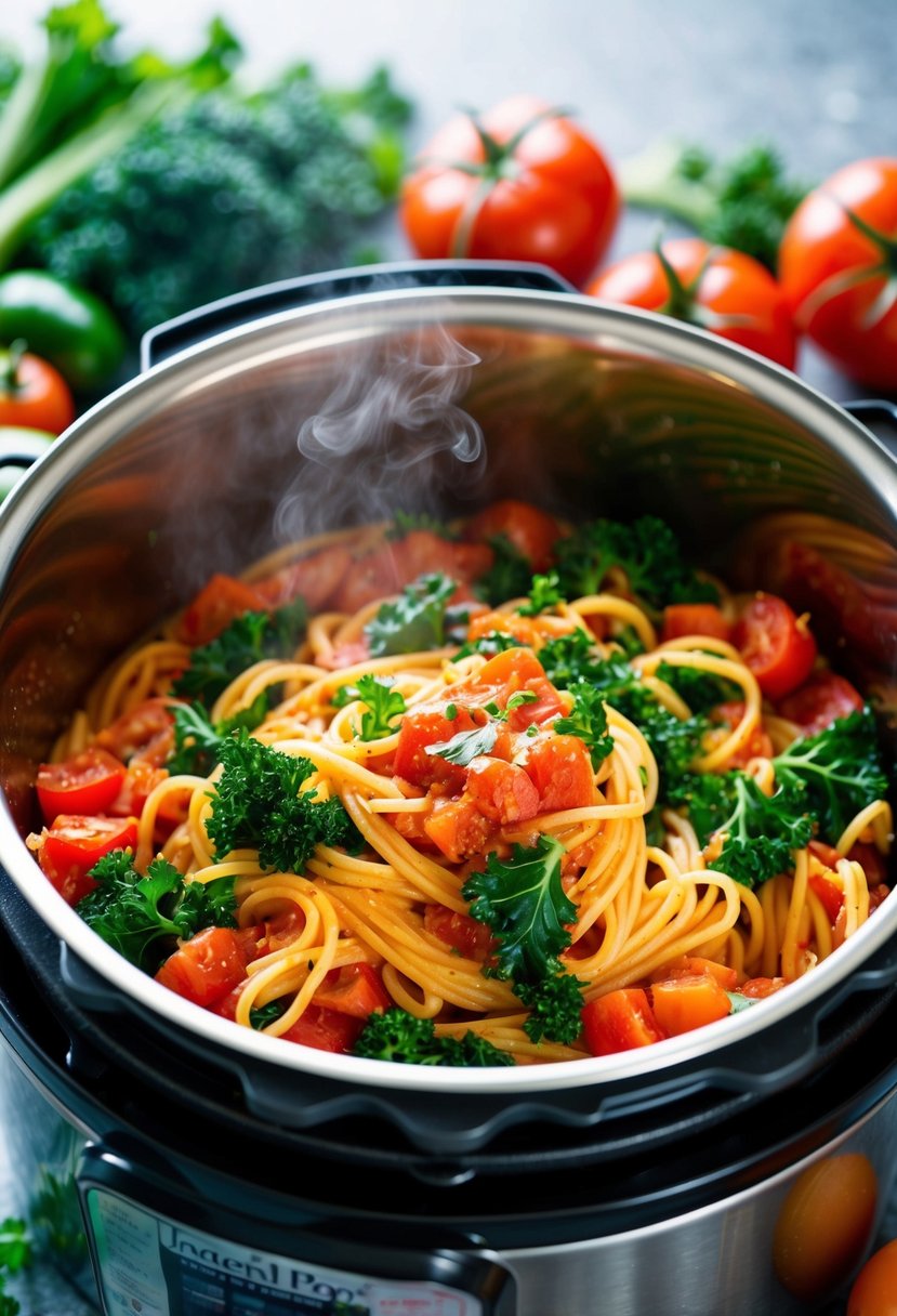 A steaming bowl of tomato kale pasta cooking in an Instant Pot, surrounded by fresh, vibrant vegetables and herbs