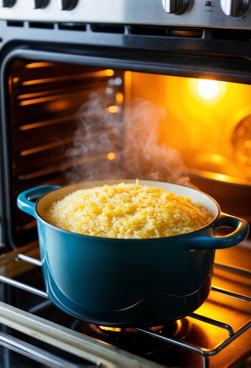 A pot of buttered rice sits in a classic oven, emitting a golden glow