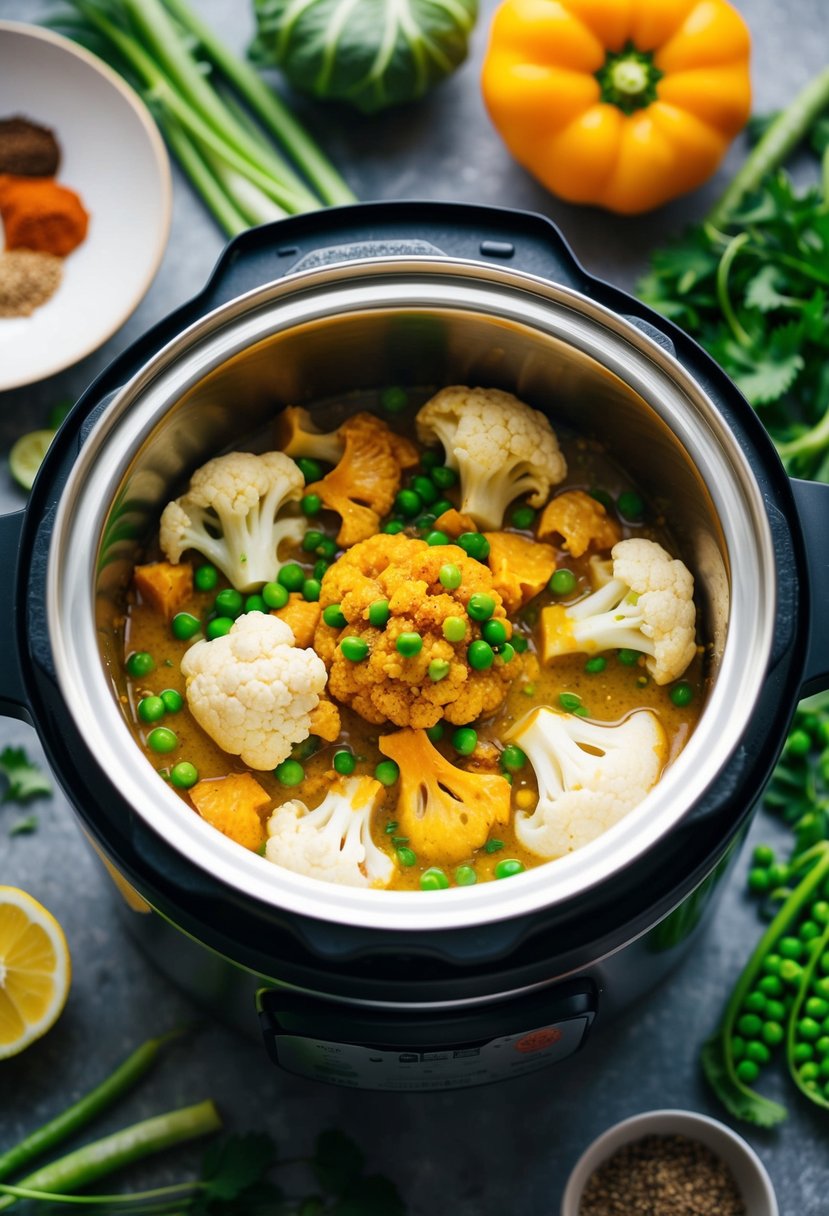 A steaming instant pot filled with curried cauliflower and peas, surrounded by vibrant, fresh vegetables and aromatic spices