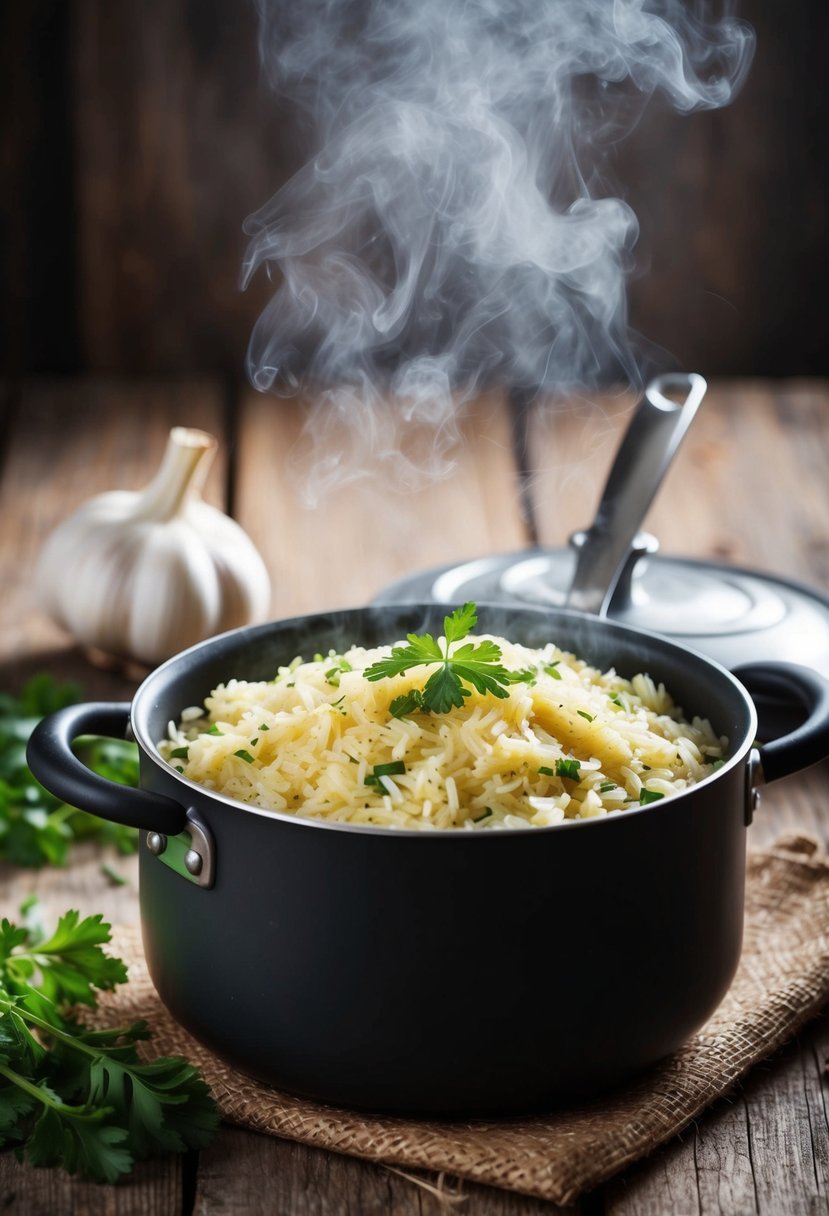 A pot of steaming garlic herb rice on a rustic wooden table