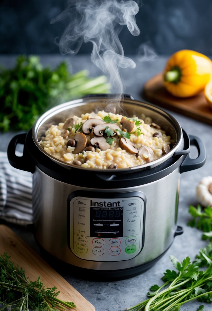 A steaming instant pot filled with creamy mushroom risotto, surrounded by fresh herbs and vegetables