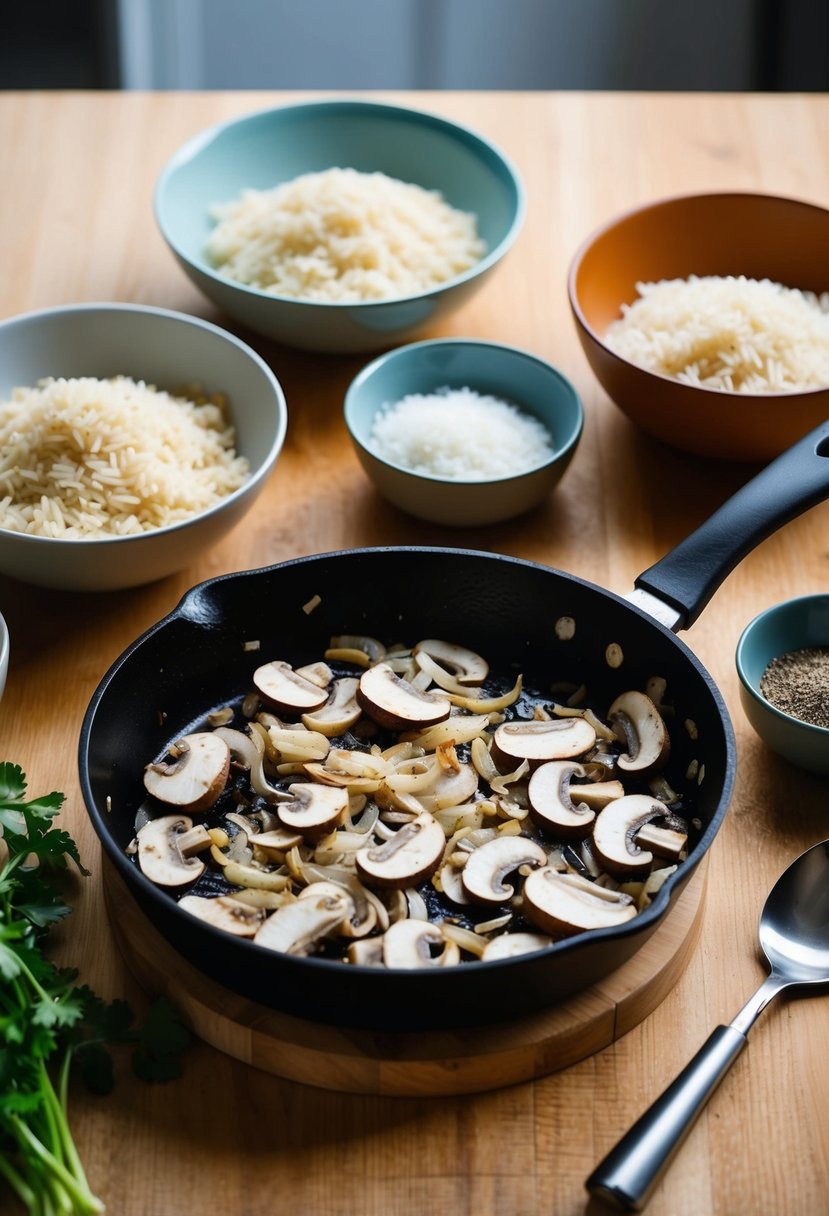 A skillet sizzling with sliced mushrooms and onions, surrounded by bowls of rice and seasonings, ready to be mixed and baked in the oven