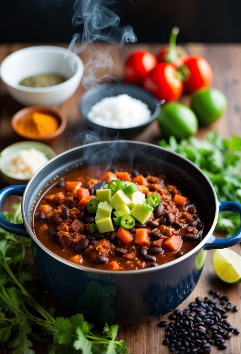 A steaming pot of hearty black bean chili surrounded by fresh ingredients and spices