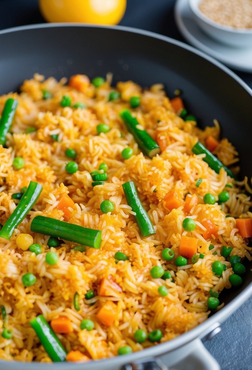 A pan of golden, crispy oven-baked fried rice with colorful vegetables and fluffy grains