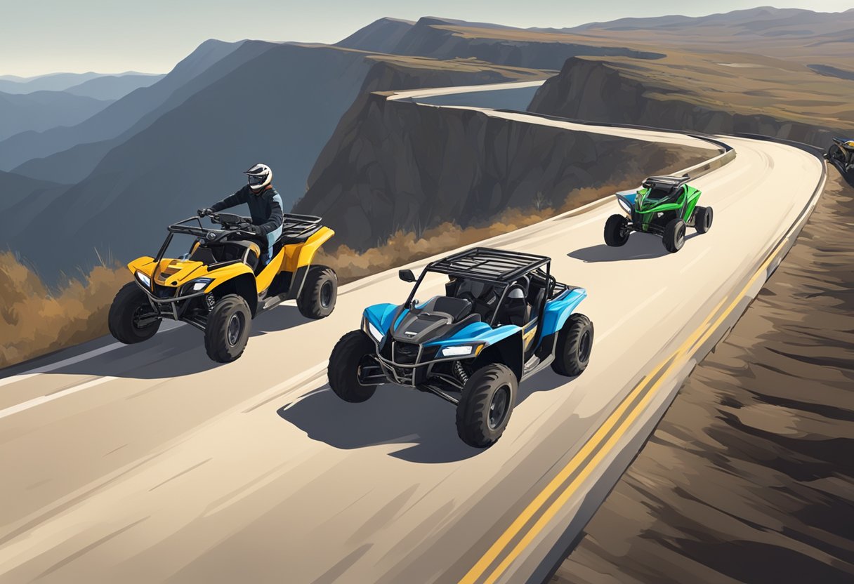 A rugged ATV and a high-profile Side by Side are being towed on separate trailers along a windy highway, highlighting the difference in wind resistance between the two vehicles