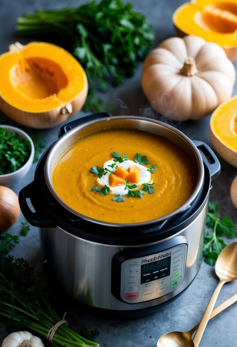 A steaming bowl of creamy butternut squash soup surrounded by fresh, vibrant vegetables and herbs, all prepared in an instant pot