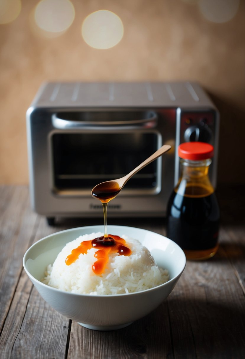 A bowl of steamed white rice with a drizzle of soy sauce on top, placed on a wooden table next to a simple oven