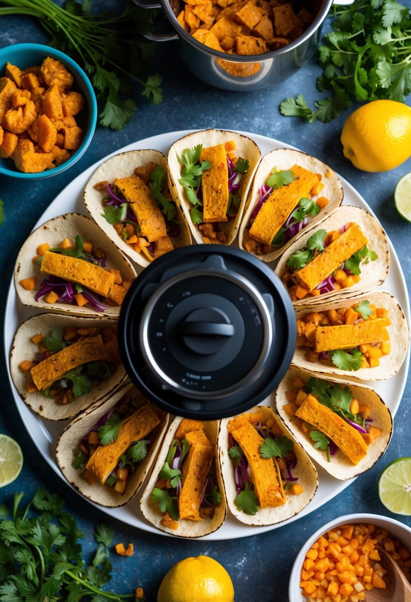 A colorful array of spicy jackfruit tacos surrounded by fresh ingredients and an instant pot, highlighting plant-based, healthy cooking