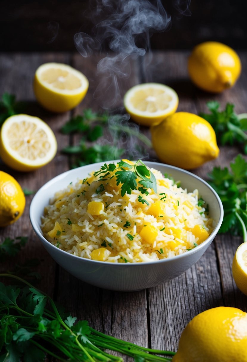 A bowl of steaming lemon rice sits on a rustic wooden table, surrounded by fresh lemons and vibrant green herbs