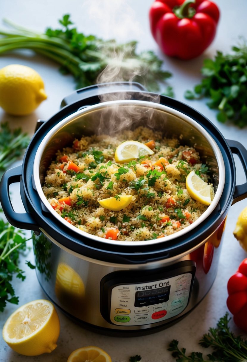 A steaming instant pot filled with lemon garlic quinoa pilaf surrounded by fresh herbs and colorful vegetables