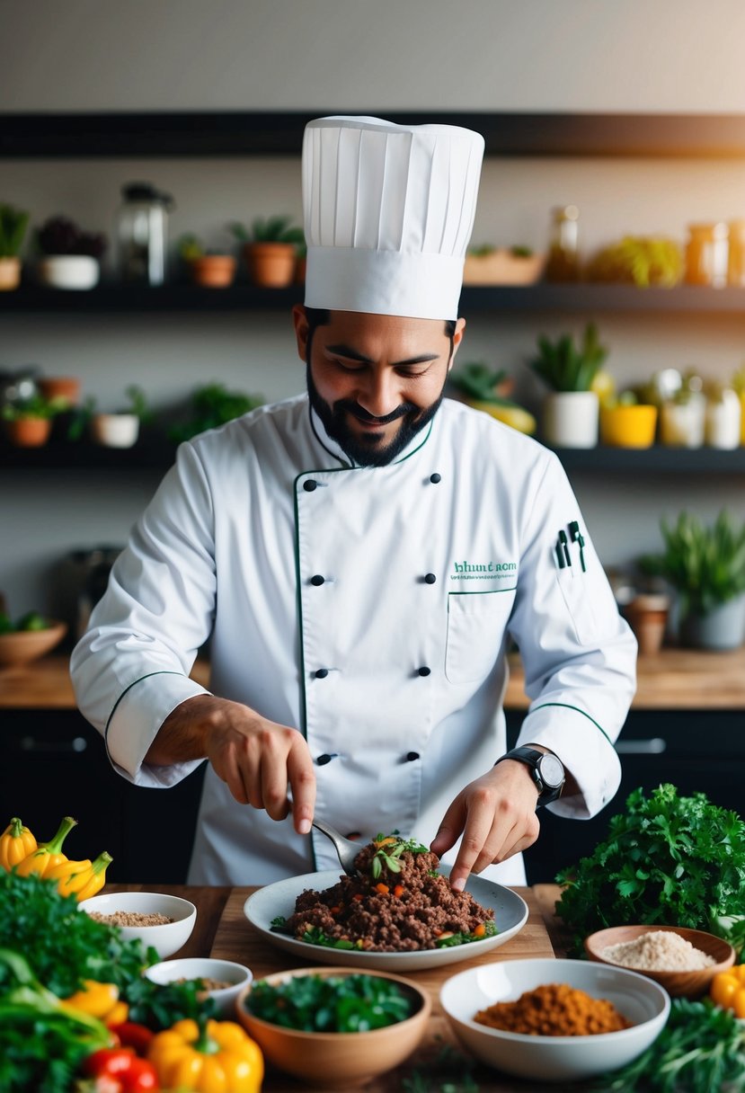 A chef effortlessly transforms ground beef into a mouthwatering vegan dish, surrounded by an array of vibrant plant-based ingredients