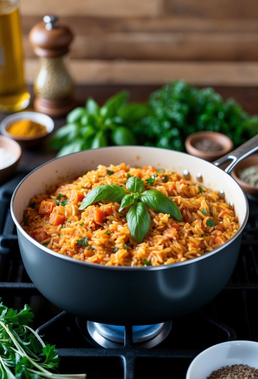 A pot of rich tomato basil rice simmering on a stovetop, surrounded by fresh herbs and spices