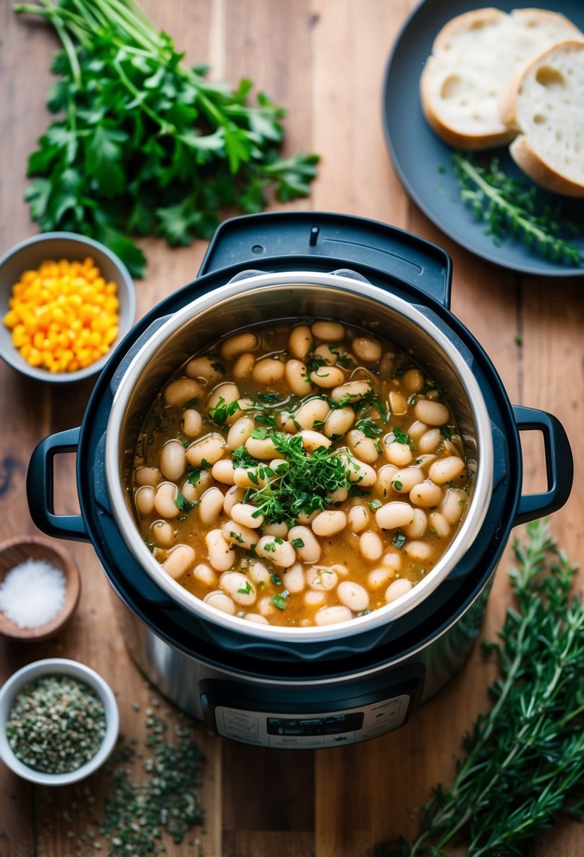 A bubbling instant pot filled with Tuscan white bean stew surrounded by fresh herbs and vegetables