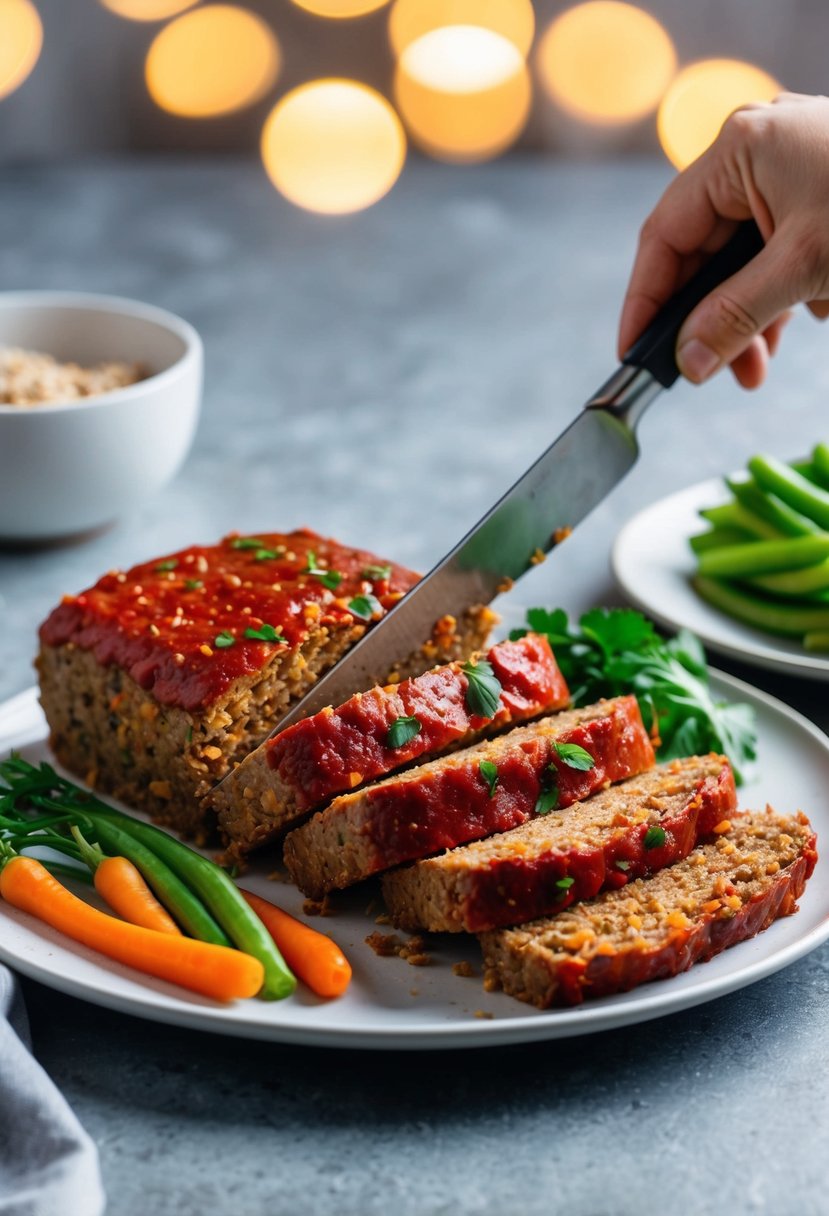 A vegan meatloaf being sliced and served with a side of vegetables, using Impossible ground beef