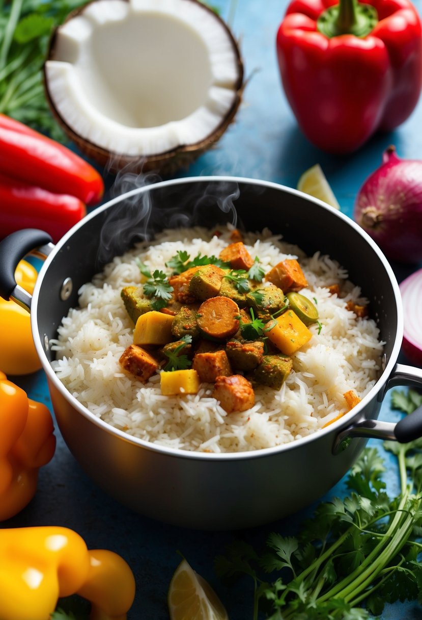 A pot of steaming coconut rice with vibrant curry spices and herbs, surrounded by colorful ingredients like peppers, onions, and coconut milk