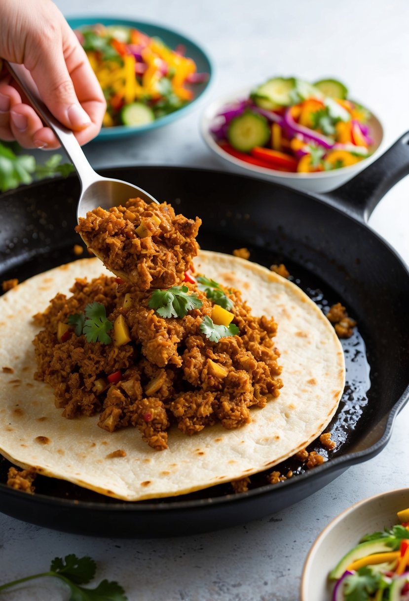 A sizzling skillet of Impossible Burger taco filling being scooped onto a warm tortilla, surrounded by colorful vegan toppings