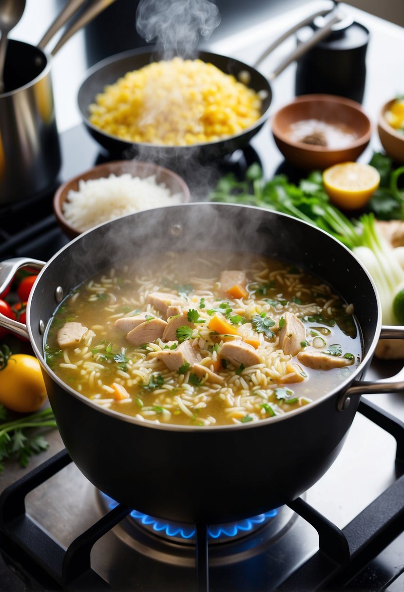 A steaming pot of hearty chicken broth rice simmers on a stovetop, surrounded by fresh ingredients and cooking utensils