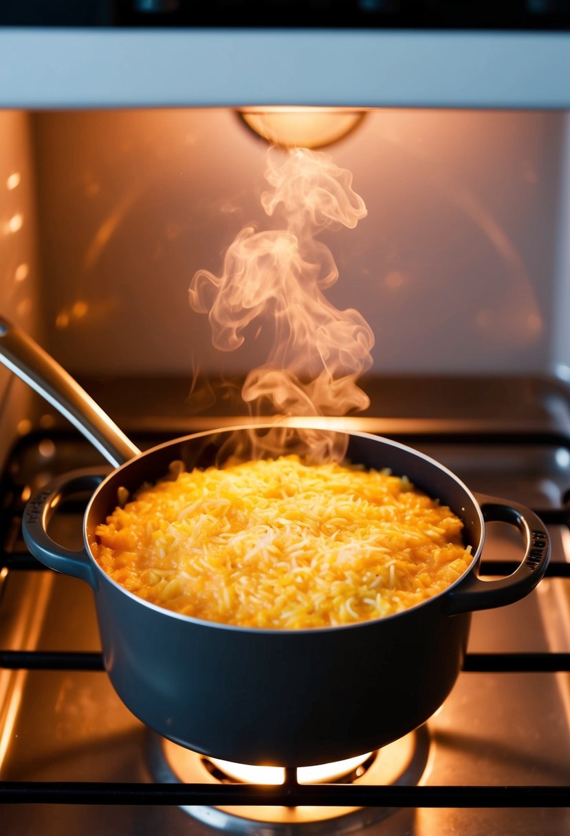 A bubbling pot of cheesy parmesan rice sits in a glowing oven, emitting a savory aroma