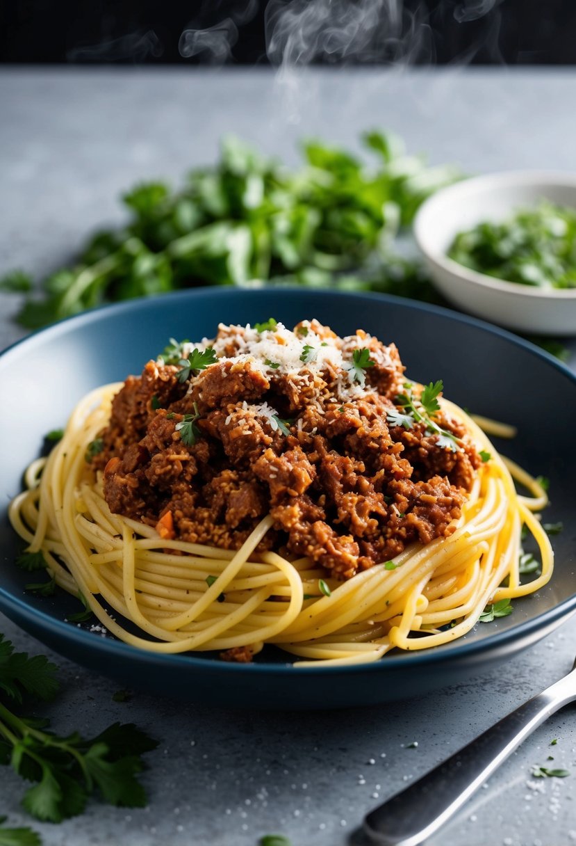 A steaming plate of spaghetti topped with vegan Bolognese and impossible ground beef, surrounded by fresh herbs and a sprinkle of vegan parmesan