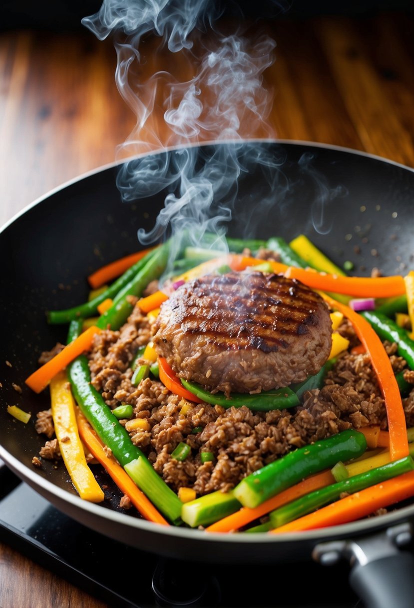 A sizzling stir fry pan filled with colorful vegetables and sizzling Impossible Burger ground beef, emitting a tantalizing aroma